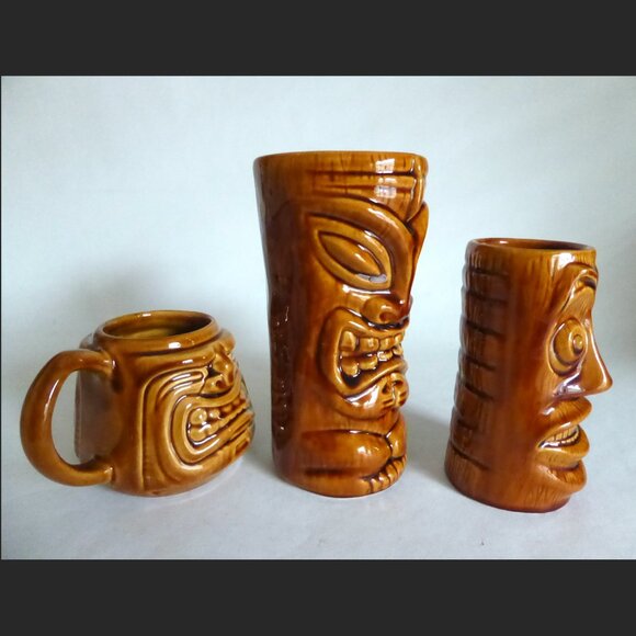 NEW 2000 - 2003 TIKI FARM SQUID DESIGNED JAVA WARRIOR BROWN CERAMIC TIKI MUG SET - Picture 8 of 12